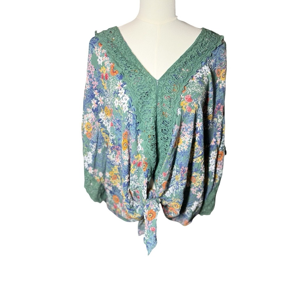 Bunulu 2X Floral Tie Front Blouse Green Crochet Lace Boho Cottagecore Rayon